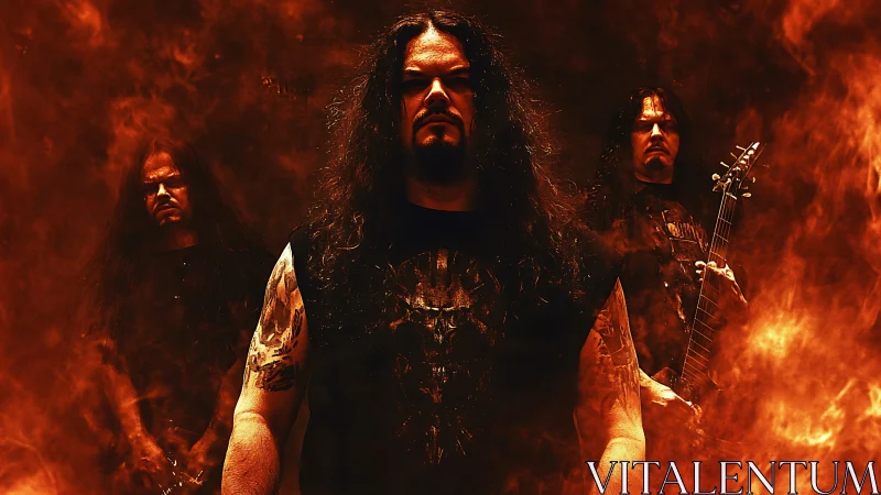 Fiery metal band stands strong amid swirling orange flames