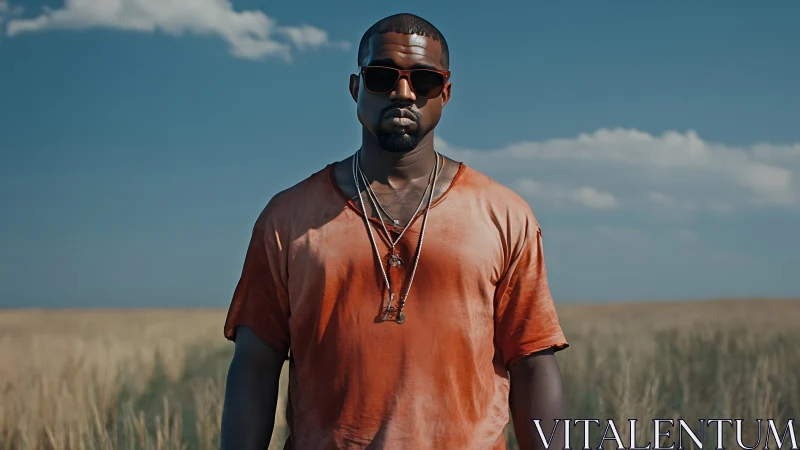 Man in sunglasses standing in open rural field under sky.