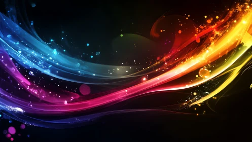 Colorful light streaks curve across dark digital background