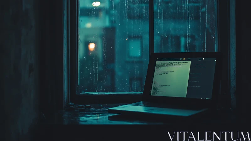 Rainy night coding nook by a softly glowing window.
