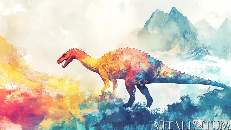 Prismatic dinosaur roaming watercolor mountains of misty time.