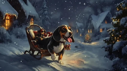 Digital painting of festive dog sleigh in snowy village night.