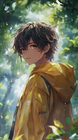 Rain-kissed wanderer in yellow jacket beneath forest glow.