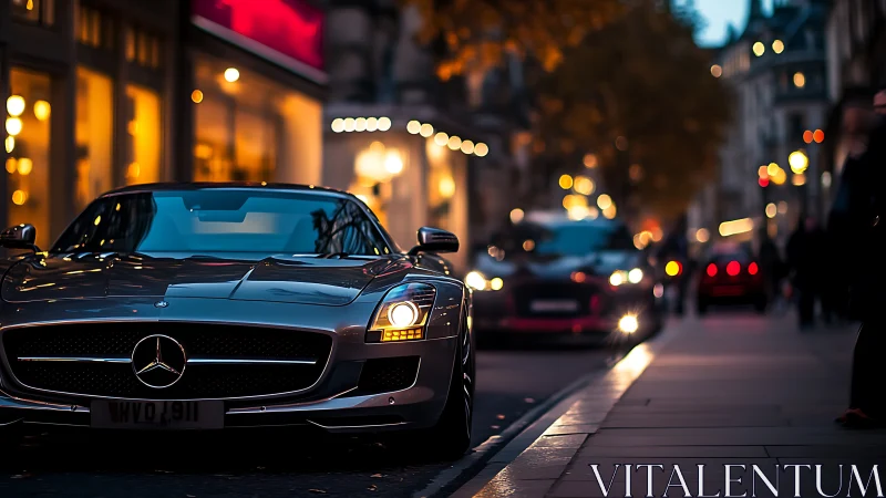 Mercedes SLS AMG on urban street at dusk with bokeh lighting