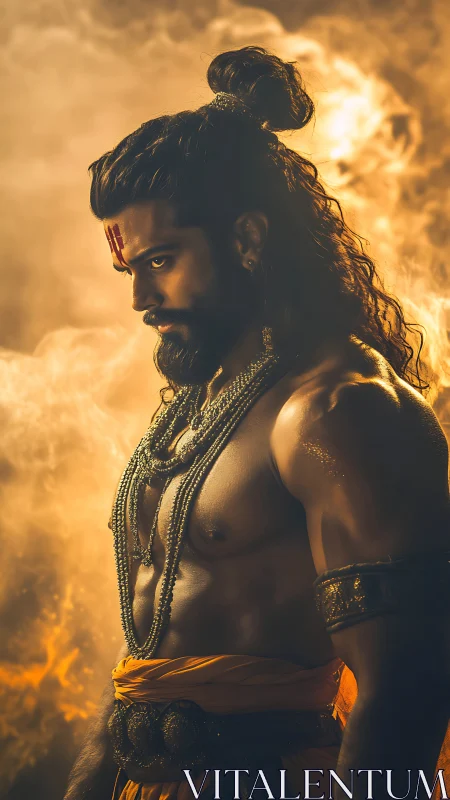 Warrior monk stands in molten golden mythic light.