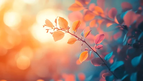 Sunlit branch in dreamy bokeh, warm and cool harmony.