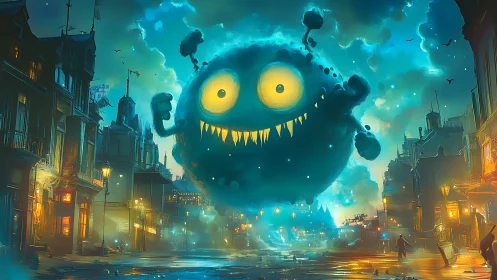 Giant teal monster floats over neon fog city street.