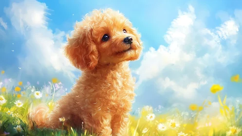 Curly apricot puppy in luminous wildflower meadow portrait.