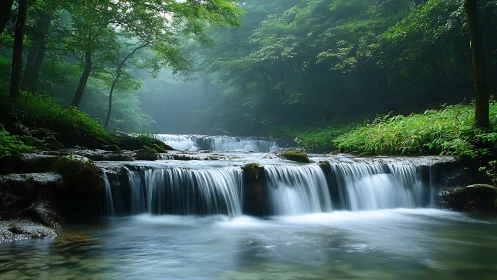 Gentle forest cascades drifting through morning mist.