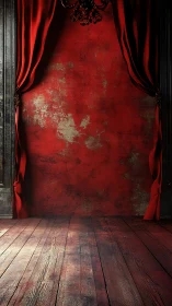 Stage with red curtains framing distressed red wall