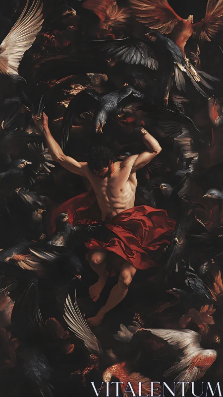 Bare-chested man in red cloth surrounded by circling birds