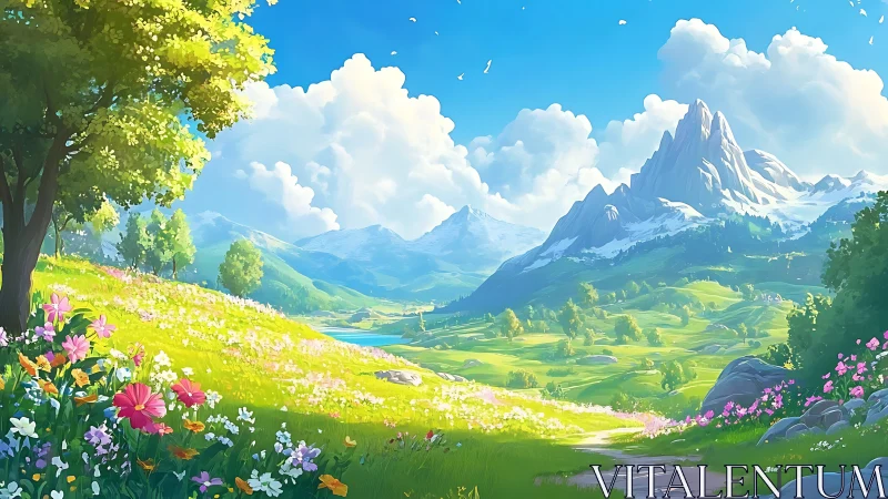 Luminous alpine valley with wildflower meadow and peaks.