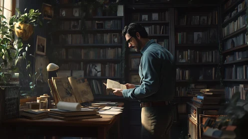 Man stands reading in densely furnished library interior