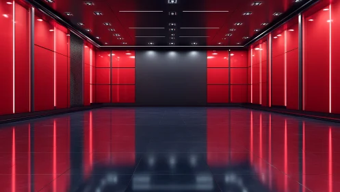 Red illuminated corridor with glossy reflective floor panels.