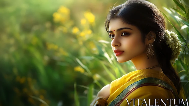 Optically rendered portrait of woman in sari amid bokeh flora.