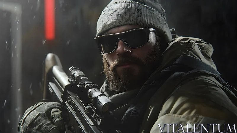 Tactical sniper portrait in cold rain with scoped rifle gear