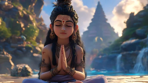 Peaceful child in prayerful meditation by tranquil temple.