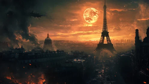 Post-apocalyptic Paris skyline under burning orange sky.