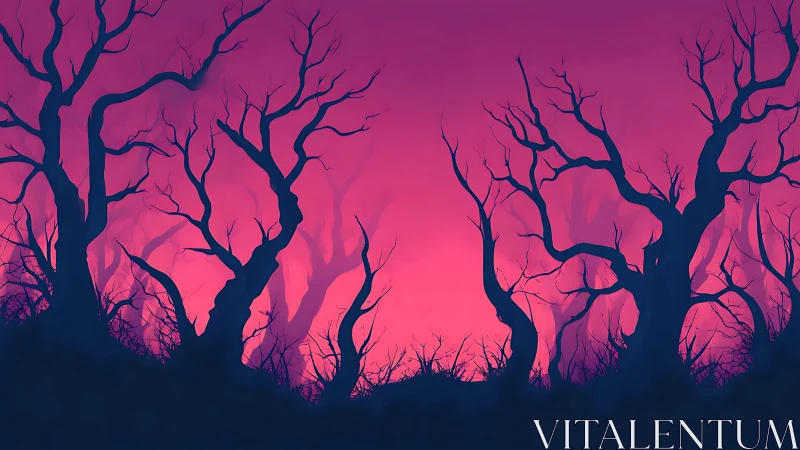 Twisted dusk forest silhouettes under vivid magenta sky.