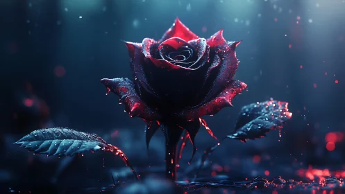 Crystalline Rose with Glowing Particles in Neon Space.