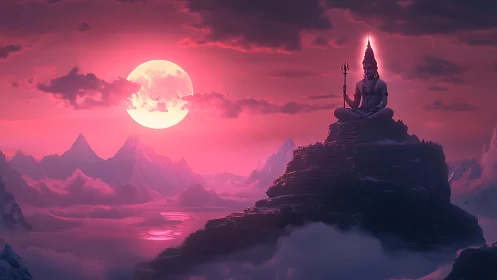 Divine figure meditates above pink moonlit Himalayan peaks.