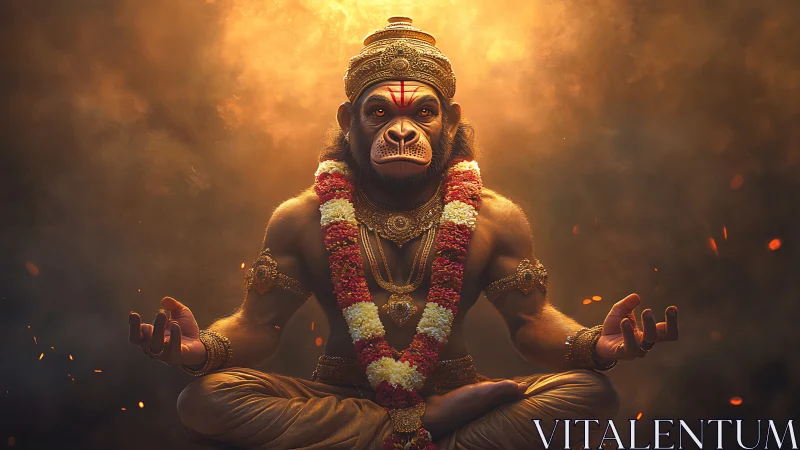 Divine monkey warrior meditates in glowing sacred firelight