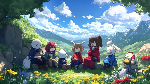 Anthropomorphic friends share pastoral picnic in vivid anime valley