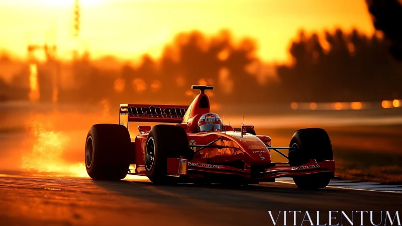 Sunset turns the scarlet Formula racer into liquid fire