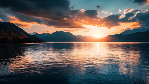 Sunset over tranquil lake with glowing mountain silhouettes.