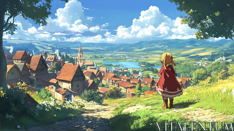 Cloaked wanderer greeting a storybook valley morning.