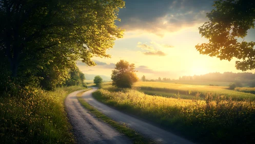 Rural dirt road curving through sunlit fields at dusk.