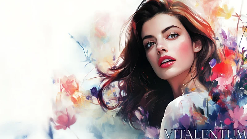 Portrait of woman amid abstract floral color bursts.