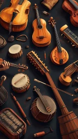Orchestrated array of wooden string and percussion instruments.