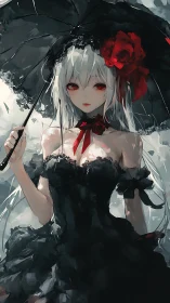Crimson-eyed gothic girl under storm-dark parasol of roses.