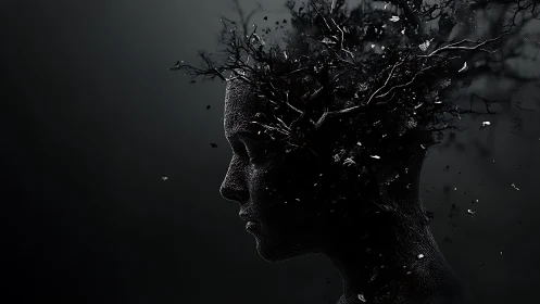 Surreal dark portrait merging human profile with branches.