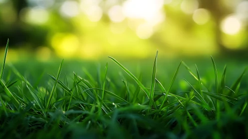 Close-up of fresh green grass blades with soft bokeh background.