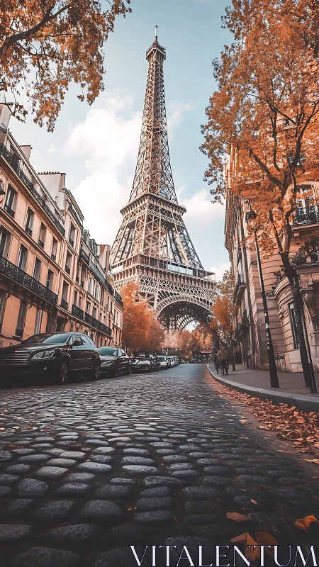 Eiffel Tower framed by autumn Parisian street perspective.