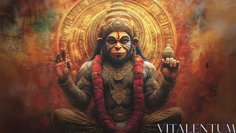 Radiant Hanuman deity sits in calm strength and golden light