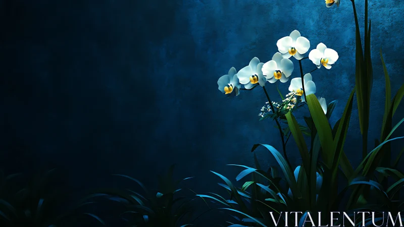 White orchids glow against textured blue wall in dramatic lighting