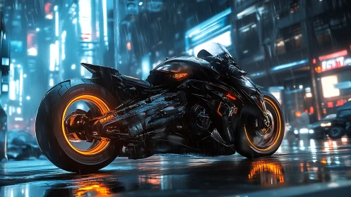 Neon cyberbike waits in rain-soaked futuristic city street.