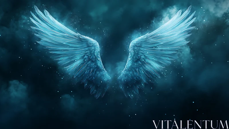 Glowing blue angel wings spread in a dark cloudy sky.