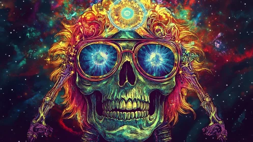 Psychedelic cosmic skull radiates neon energy in space