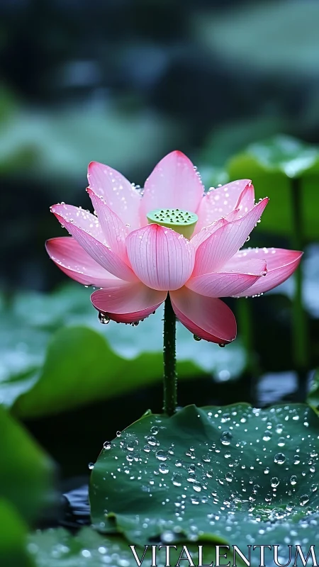 Macro study of dewy pink lotus on verdant aquatic plane.