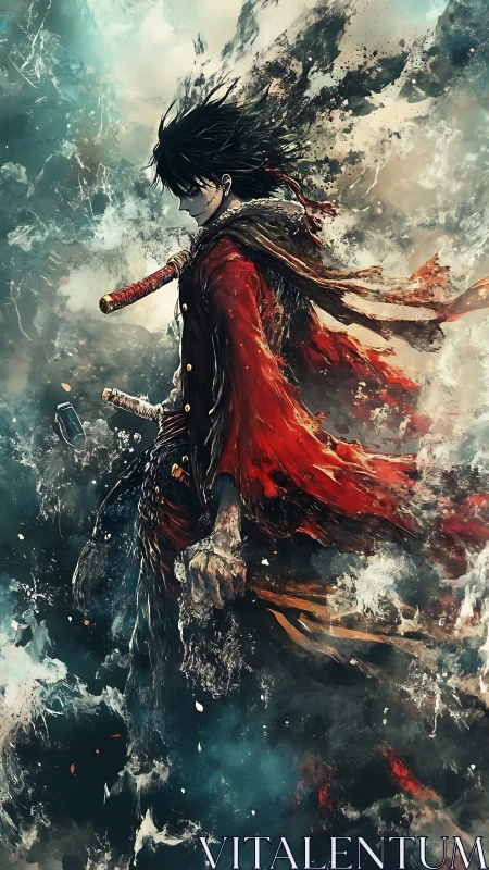 Storm-wreathed rogue swordsman strides through shattered sky.