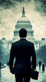 Businessman faces Capitol dome in power stance.