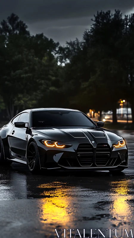 Black sports coupe on wet urban street at dusk.