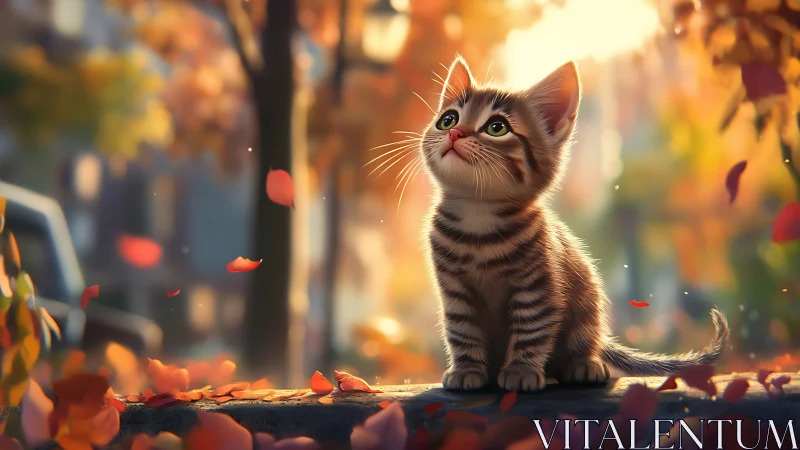 Tabby Kitten in Autumn Sunlight with Falling Leaves.