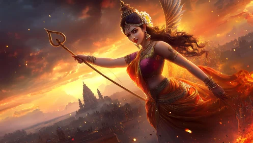 Radiant warrior goddess soaring above emberlit temple skies.