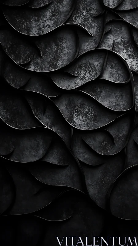 Layered dark curved surfaces forming abstract relief pattern.