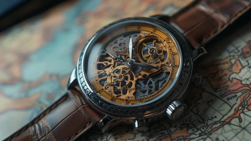 Skeleton mechanical watch rests on vintage travel map